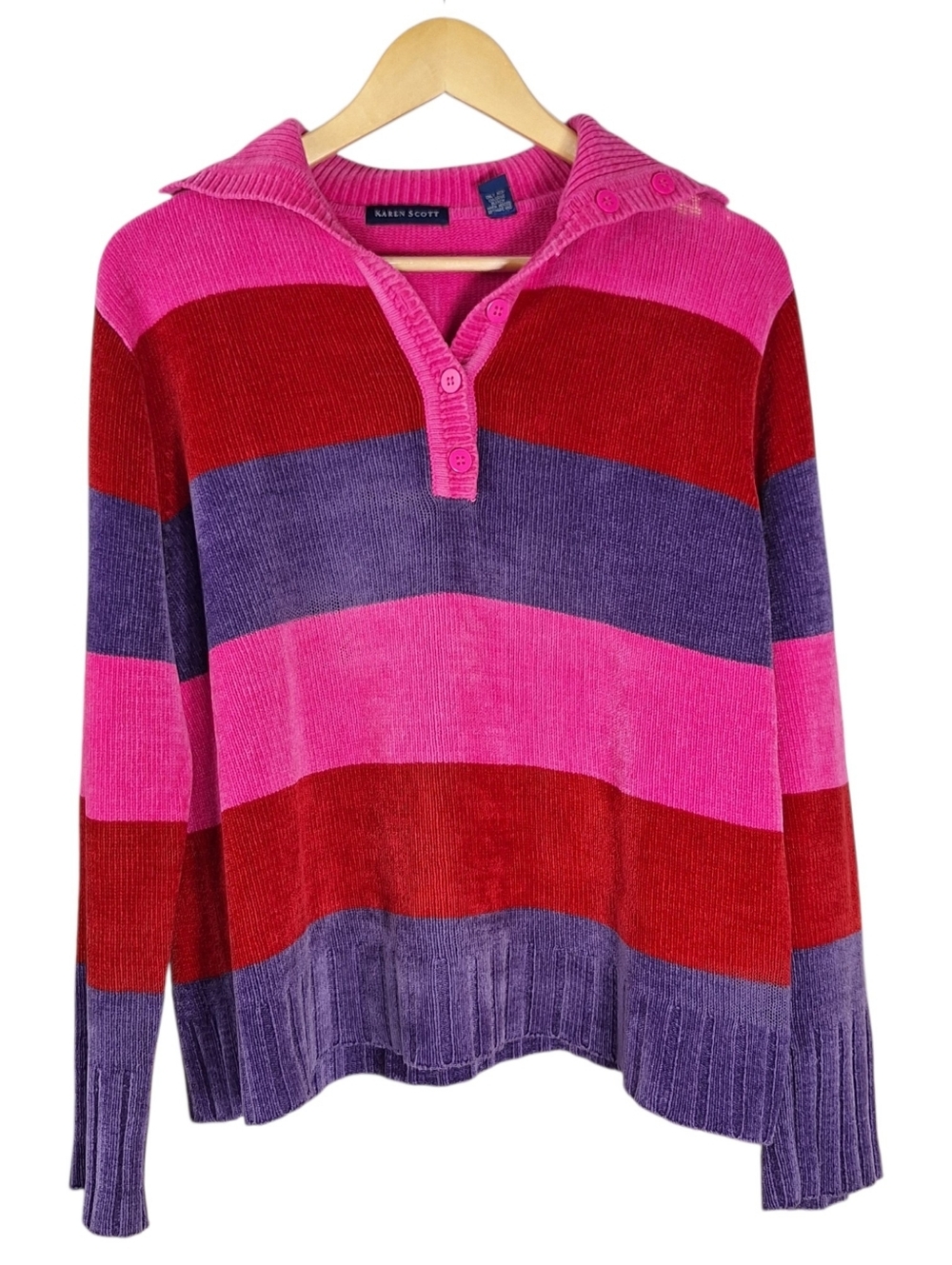 Vintage 80s 90s Striped Chenille Sweater Womens Medium Dopamine Colorful Rainbow